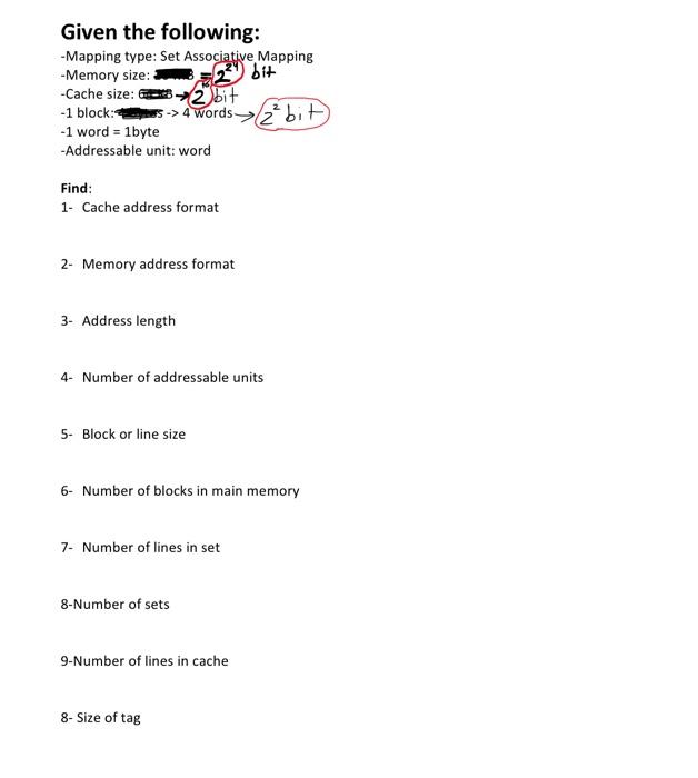  Computer architecture| use 2-way set associative memory size = 2^ 24