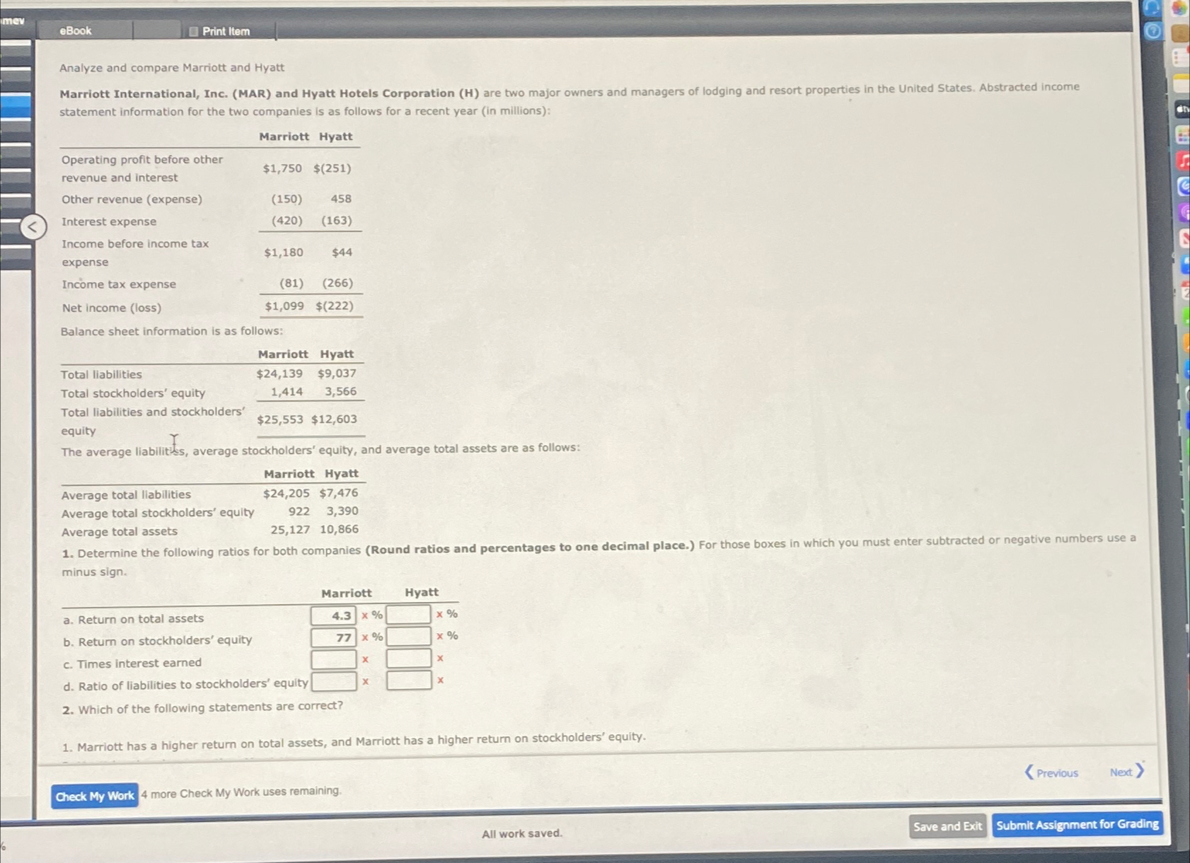  eBook Print Item Analyze and compare Marriott and Hyatt statement information