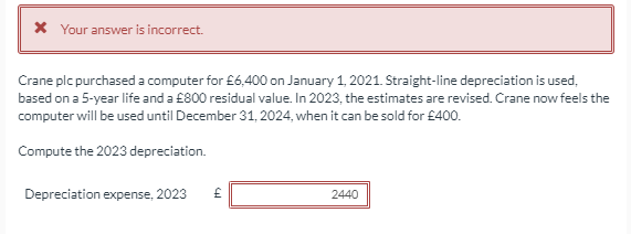  X Your answer is incorrect. Crane plc purchased a computer for