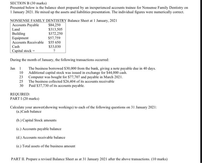  SECTION B (30 marks) Presented below is the balance sheet prepared