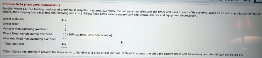 Answert "Total relevant cost to make" part from above Problem 8-24