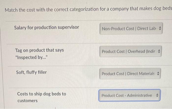  Match the cost with the correct categorization for a company that