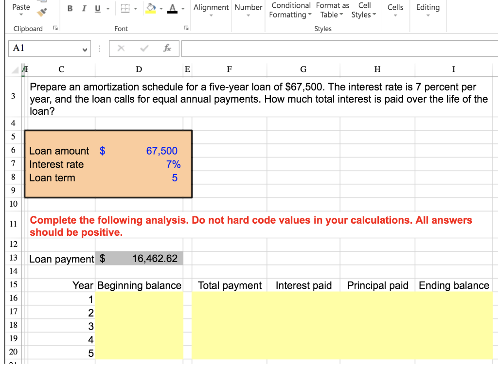 please show excel formulas Prepare an amortization schedule for a five-year loan