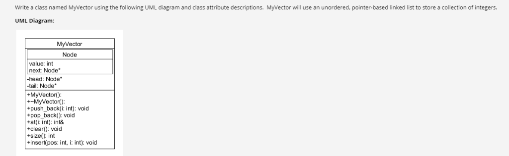 Write this in C++ Class Attributes: Node: A private, embedded struct. Members: