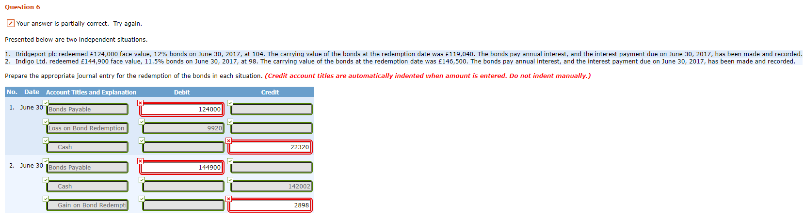 Question 6 Your answer is partially correct. Try again. Presented below