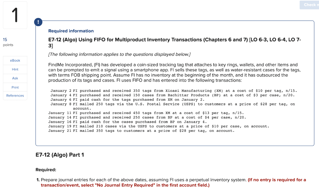 Required information E7-12 (Algo) Using FIFO for Multiproduct Inventory Transactions (Chapters