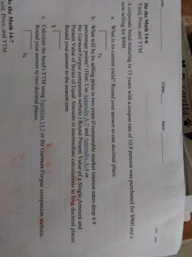  Caretta Class: Date: Do the Math 14-6 Yield, Price, and YTM