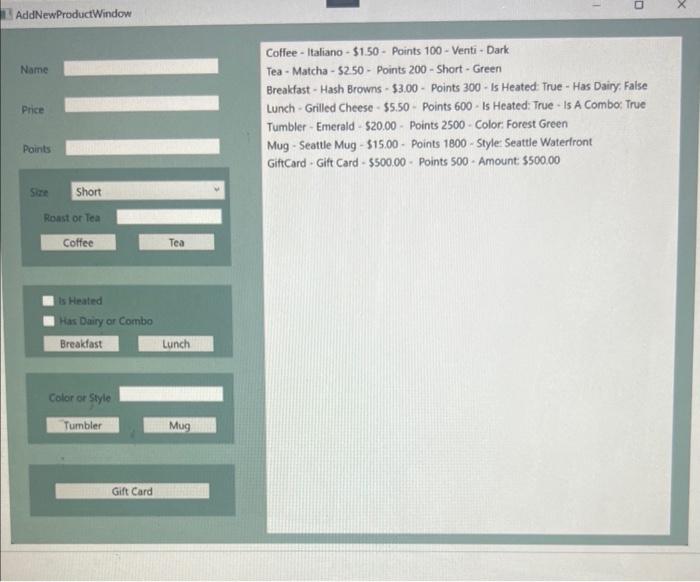 2 that perform our transactions, Buy Product and UsePoints. 2 List Boxes