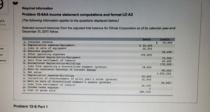 Required Information Problem 13-6AA Income statement computations and format LO A2
