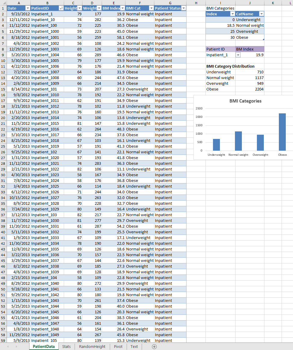 13. Use Excel functions to return patient data for the patient chosen