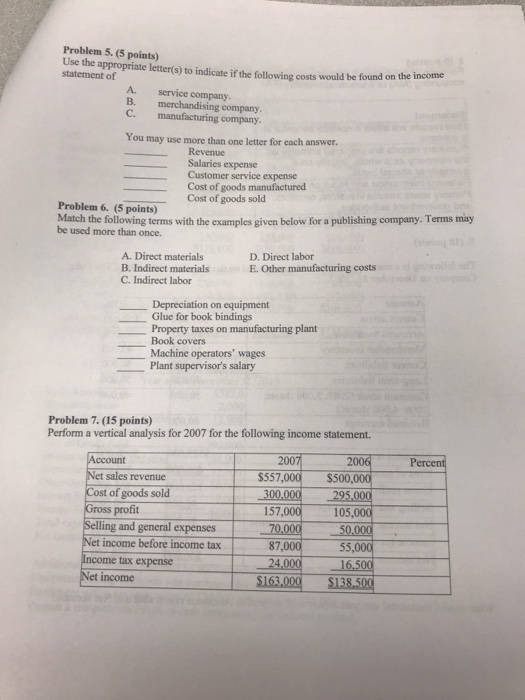  Problem 5. (5 points) Use the appropriate letter(s) to indicate if