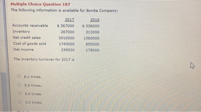  Multiple Choice Question 187 The following information is available for Bonita