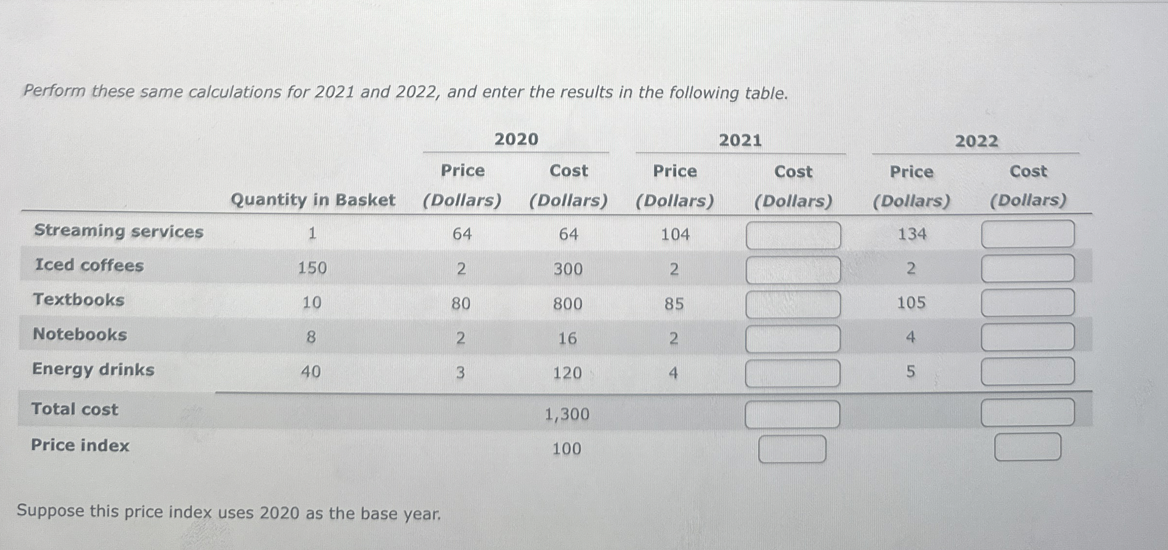  Perform these same calculations for 2021 and 2022, and enter the