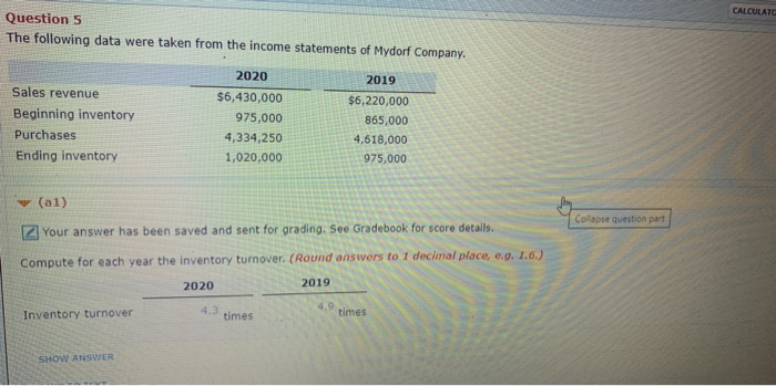 Gradebook for score details. Compute for each year the inventory turnover. (Round
