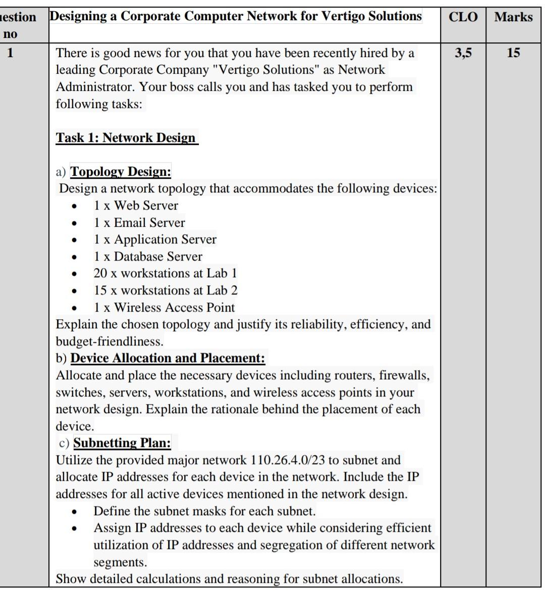  Designing a Corporate Computer Network for Vertigo Solutions There is good