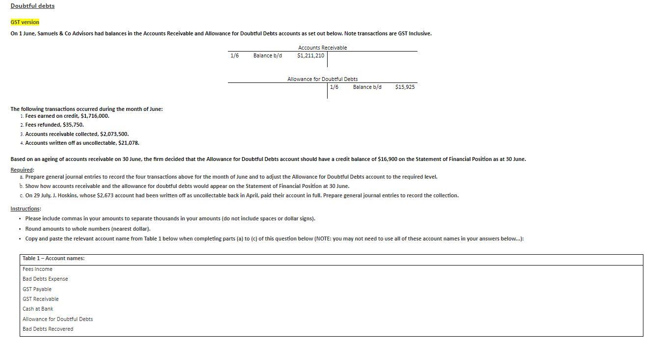 Doubtful debts GST version On 1 June, Samuels & Co Advisors