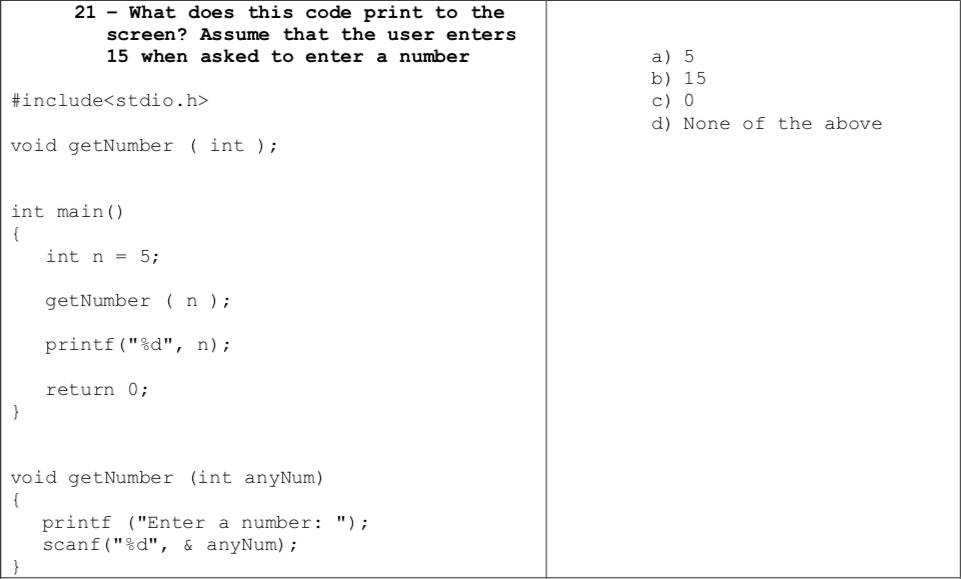  21 - What does this code print to the screen? Assume