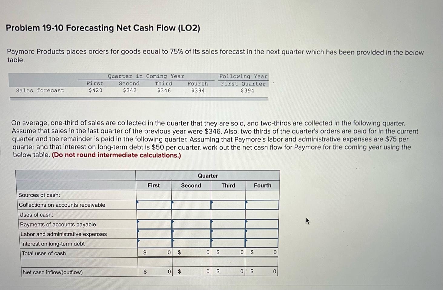 Need help on that Problem 19-10 Forecasting Net Cash Flow (LO2) Paymore