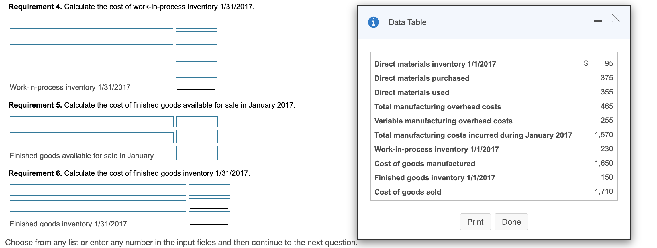 1. Calculate the cost of direct materials inventory 1/31/2017. Data Table $