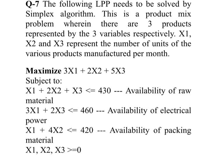  Q-7 The following LPP needs to be solved by Simplex algorithm.