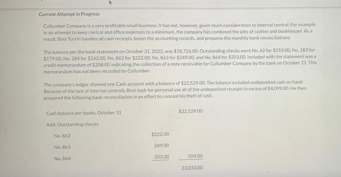  Current Attempt in Progress Cullumber Company is a very profitable small