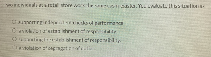  Two individuals at a retail store work the same cash register.