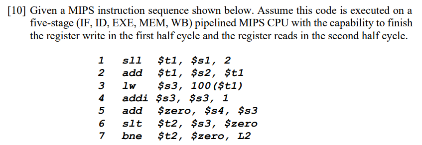 (a) If this MIPS CPU has no forwarding capability, indicate all possible