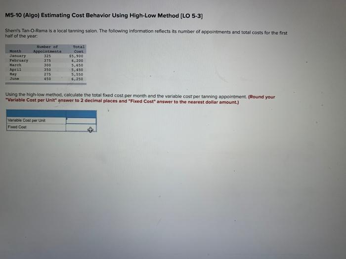  show your work please M5-10 (Algo) Estimating Cost Behavior Using High-Low