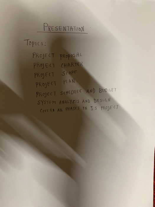  Thanks for ur feedback.It's a presentation 1.Topic: Project Proposal under which