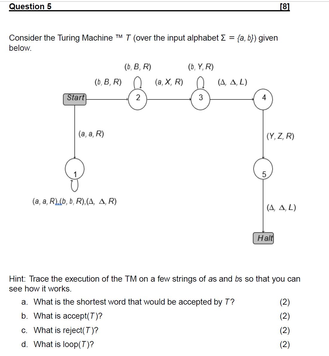  Consider the Turing Machine ?TMT(over the input alphabet ={a,b}) given below.