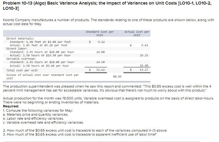 Problem 10-13 (Algo) Basic Varlance Analysis; the Impact of Varlances on