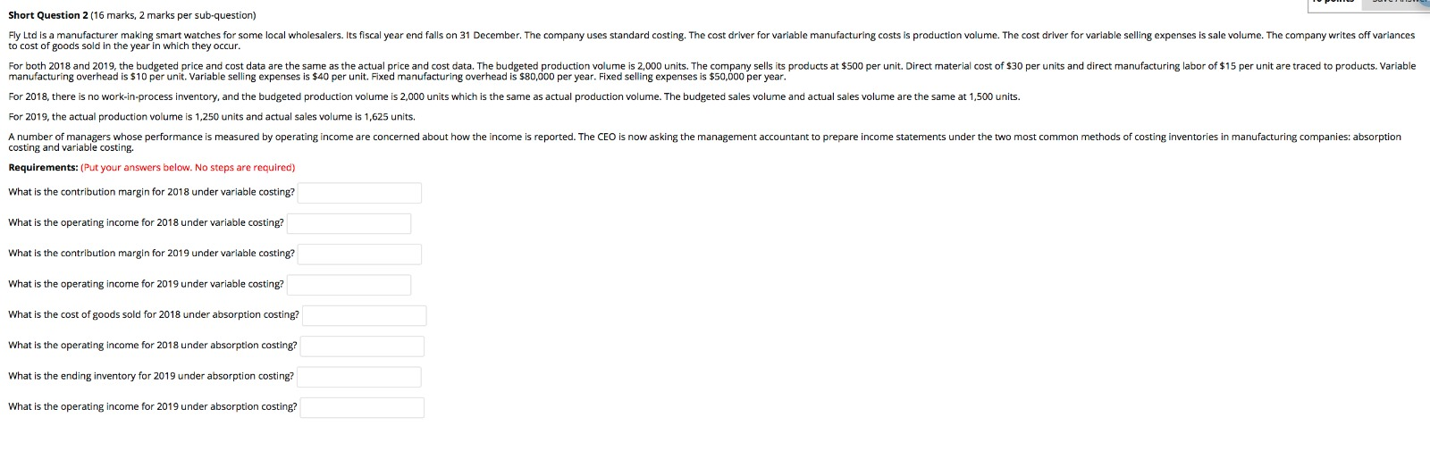 Short Question 2 (16 marks, 2 marks per sub-question) Fly Ltd