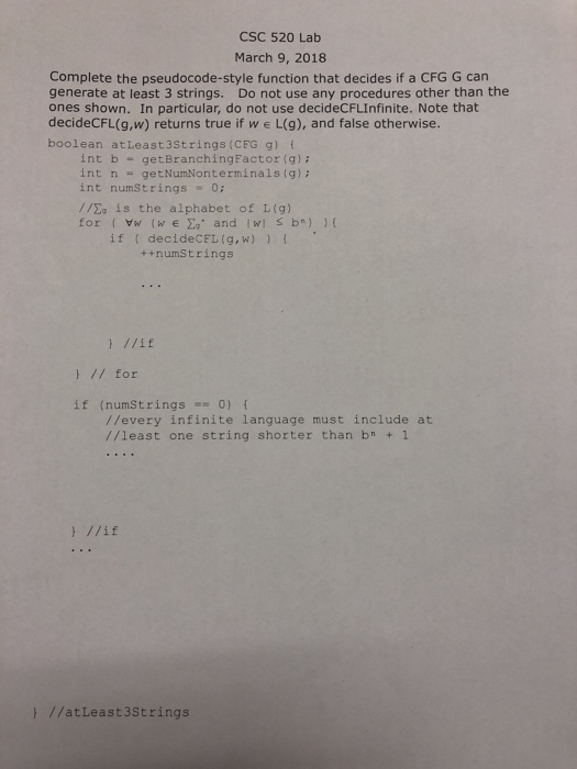  CSC 520 Lab March 9, 2018 Complete the pseudocode-style function that