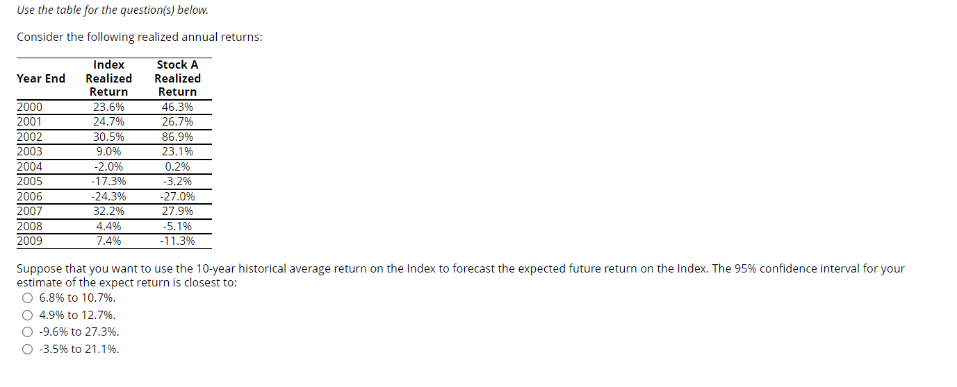  Use the table for the question(s) below. Consider the following realized