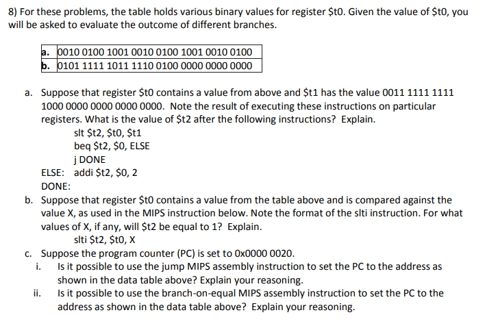  8) For these problems, the table holds various binary values for
