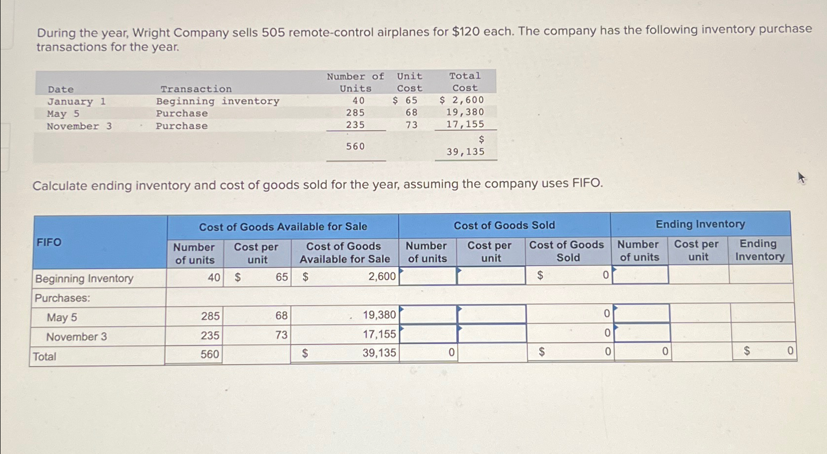  During the year, Wright Company sells 505 remote-control airplanes for $120