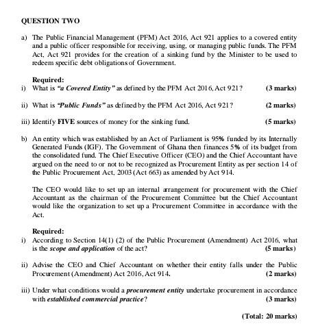  QUESTION TWO a) The Public Financial Management (PFM) Act 2016, Act
