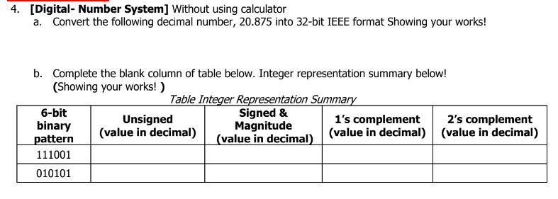  4. [Digital- Number System] Without using calculator a. Convert the following