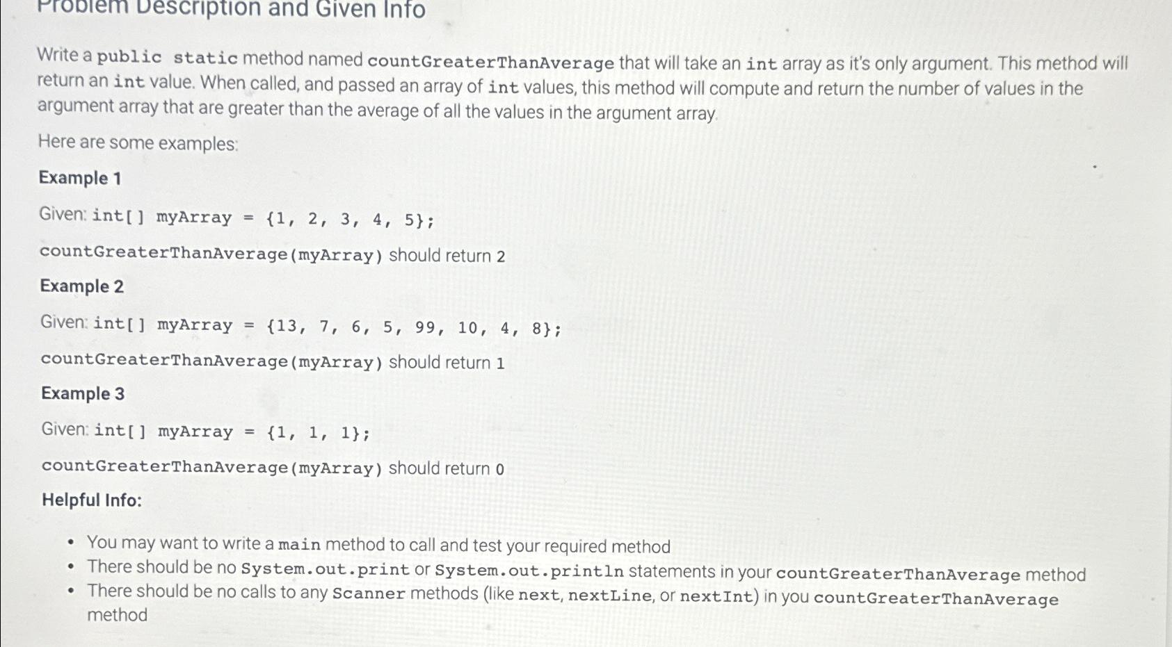  Prodiem vescription and Given Info Write a public static method named