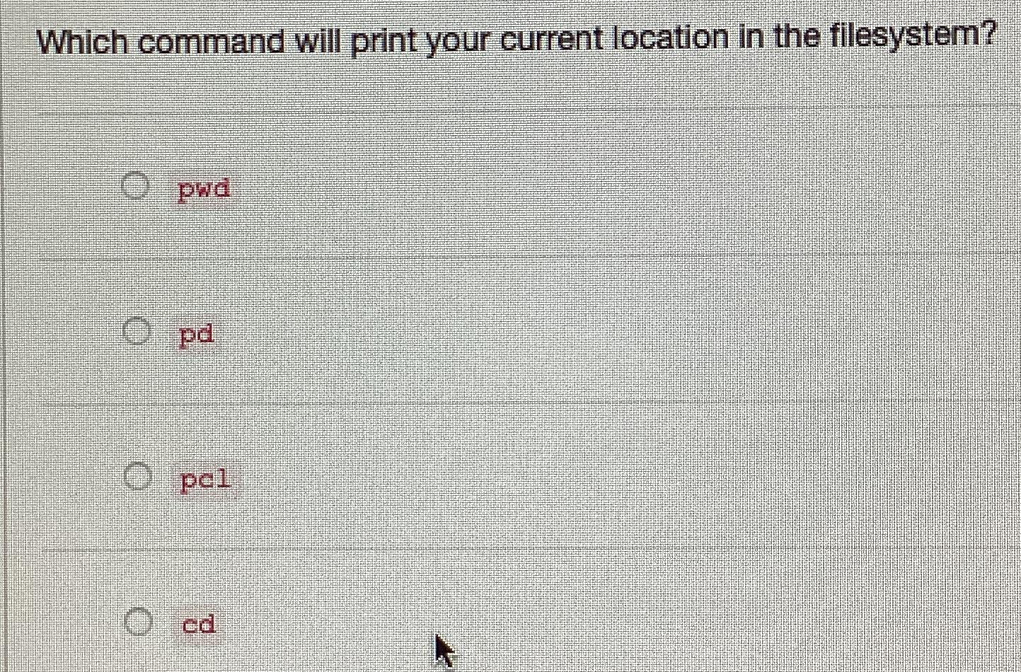  Which command will print your current location in the filesystem? pwd
