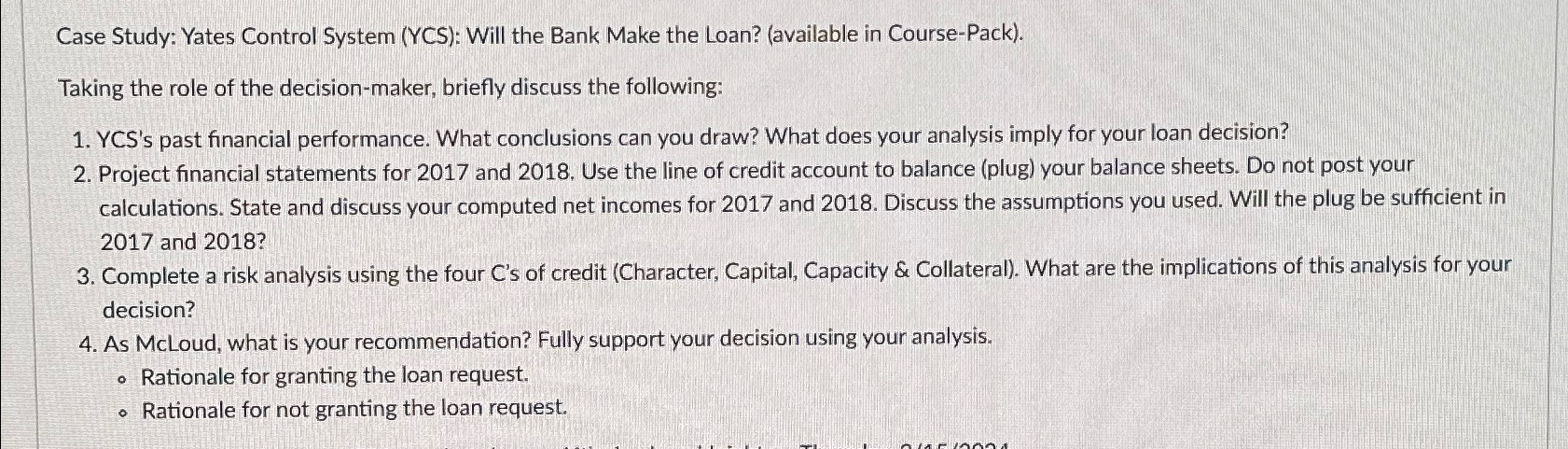  Case Study: Yates Control System (YCS): Will the Bank Make the