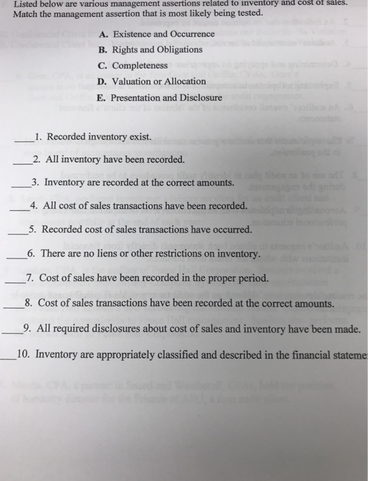  Listed below are management assertions Match the management assertion that is