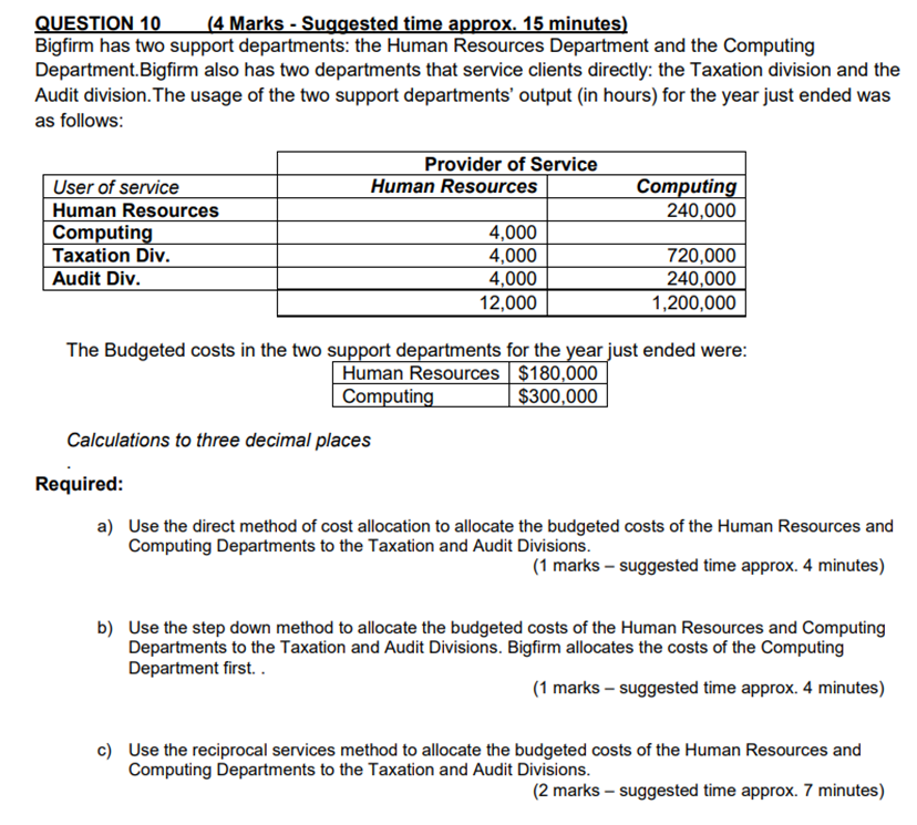  QUESTION 10 (4 Marks - Suggested time approx. 15 minutes) Bigfirm
