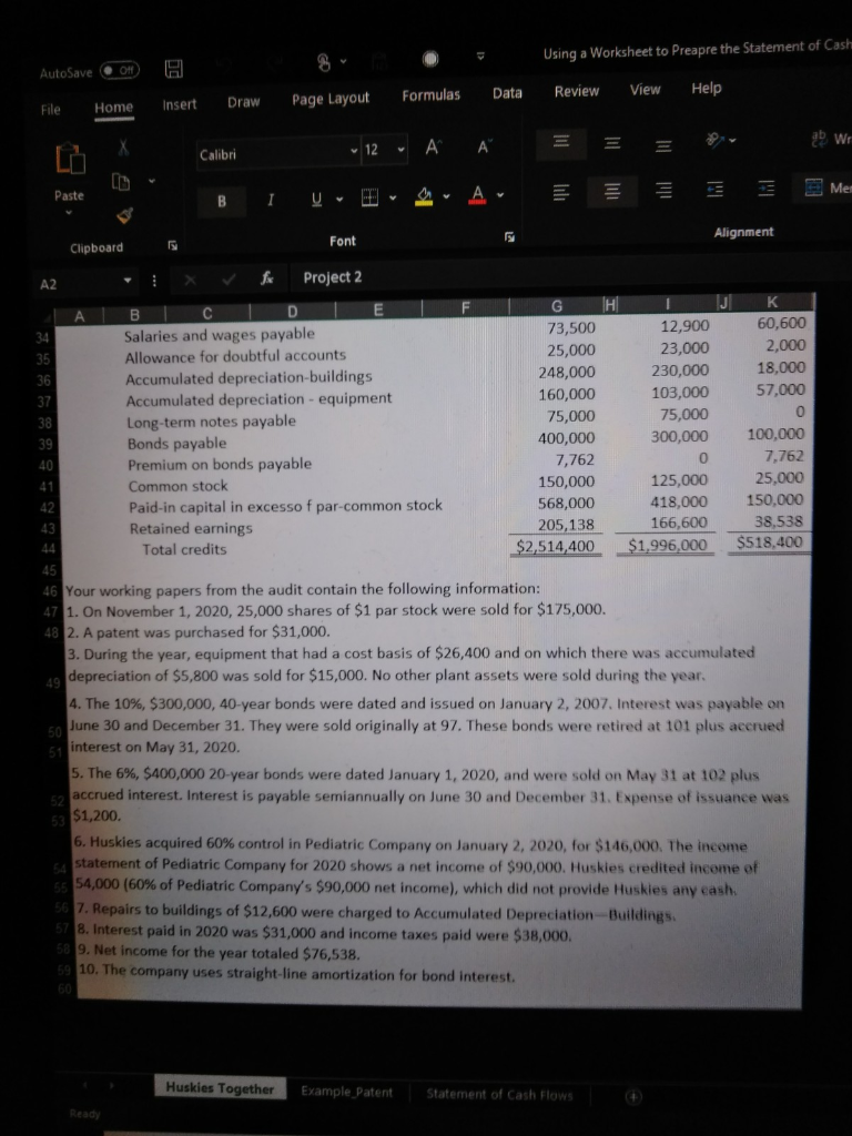 of Cash Flows' tab, use the worksheet to prepare a statement of