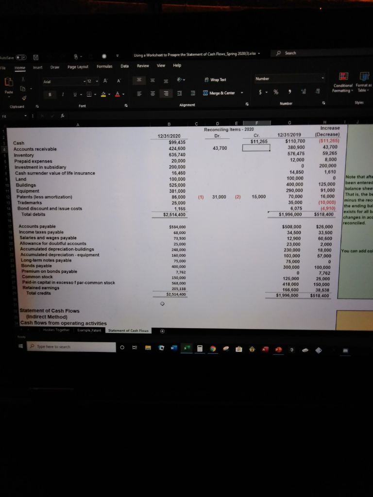 cash flows using the indirect 9 method from the information glven. The