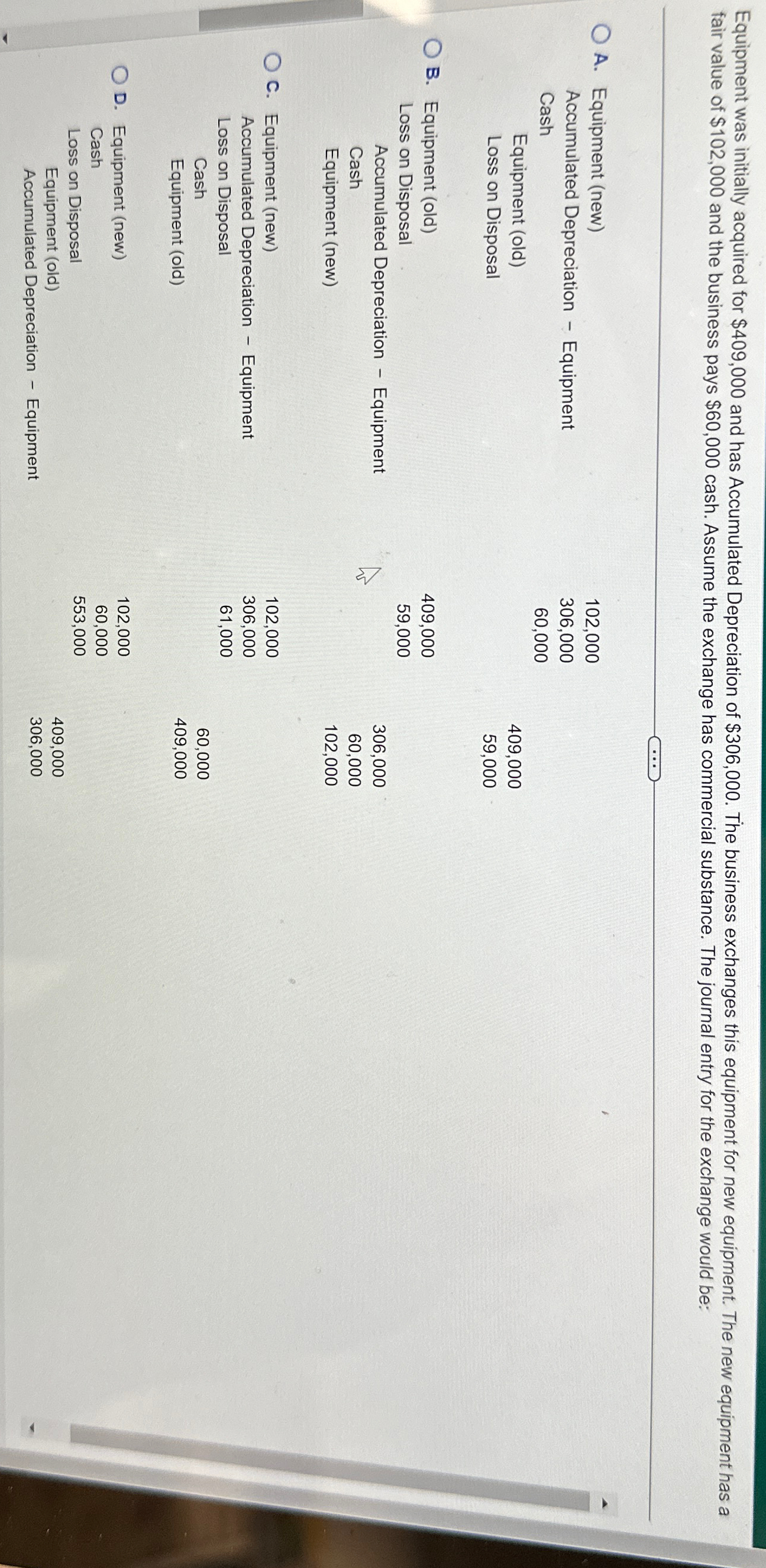  Equipment was initially acquired for $409,000 and has Accumulated Depreciation of