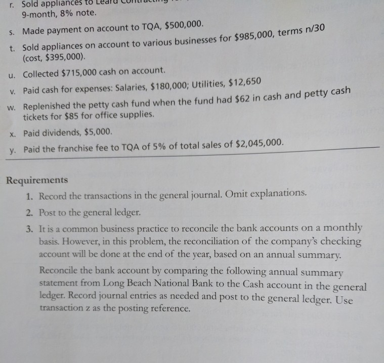 store fixtures, and office equipment. The business will purchase appliances from TQA