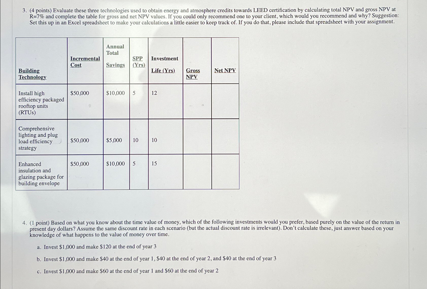  (4 points) Evaluate these three technologies used to obtain energy and