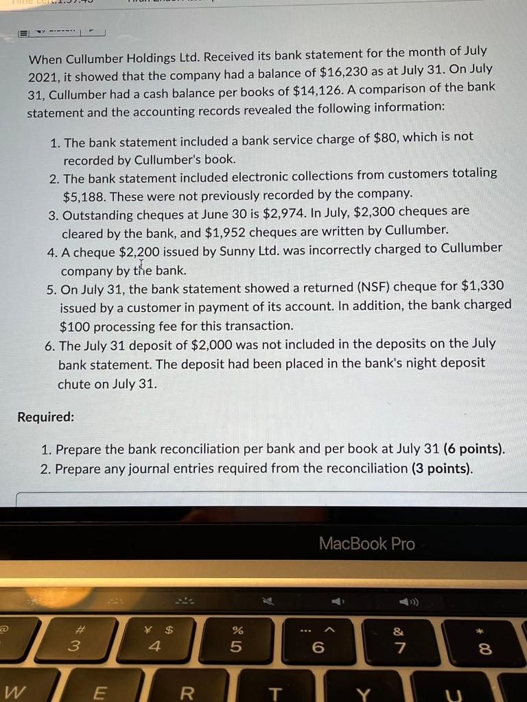 When Cullumber Holdings Ltd. Received its bank statement for the month