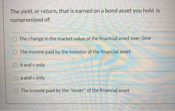  The yield, or return, that is earned on a bond asset